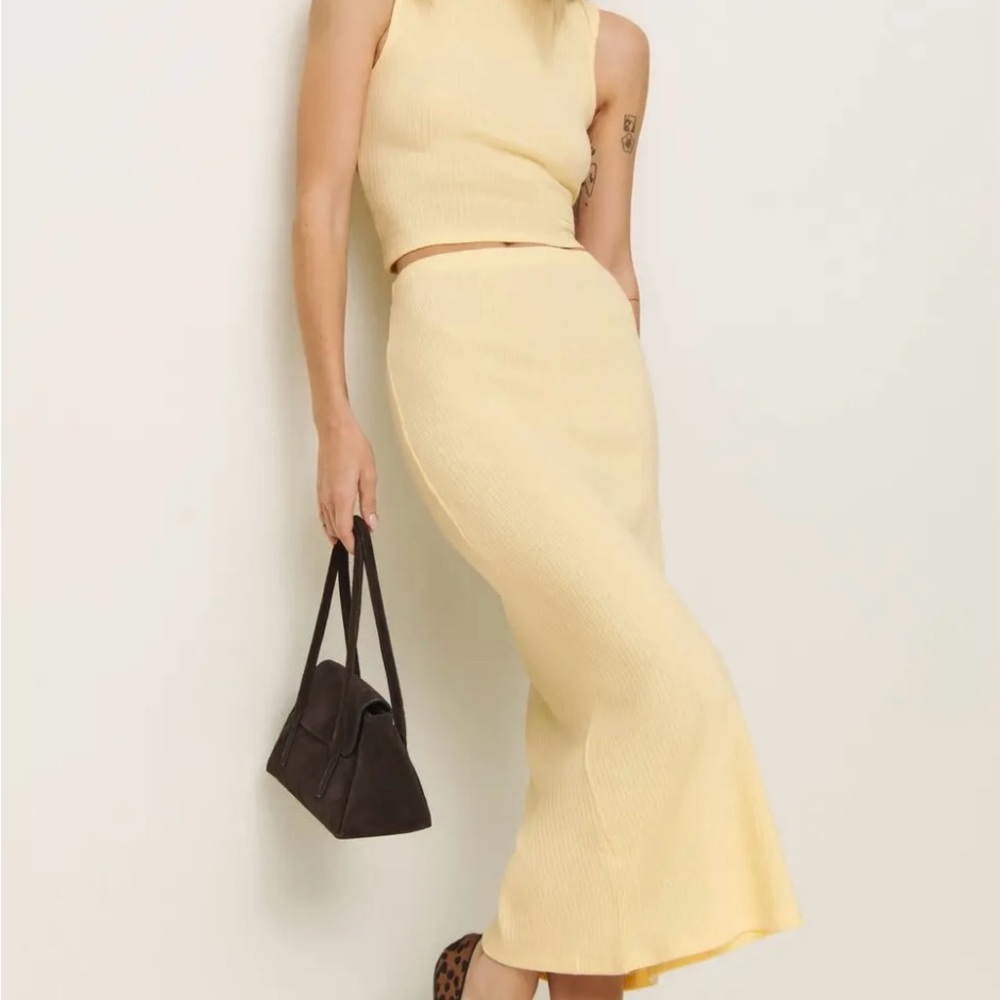 Reformation Pale Yellow Ribbed Knit Tank and Skirt Set
